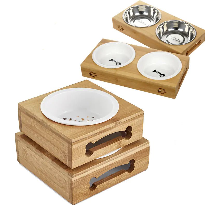 Petaurapets Bamboo and Ceramic Pet Bowl Set with Stainless Steel Base