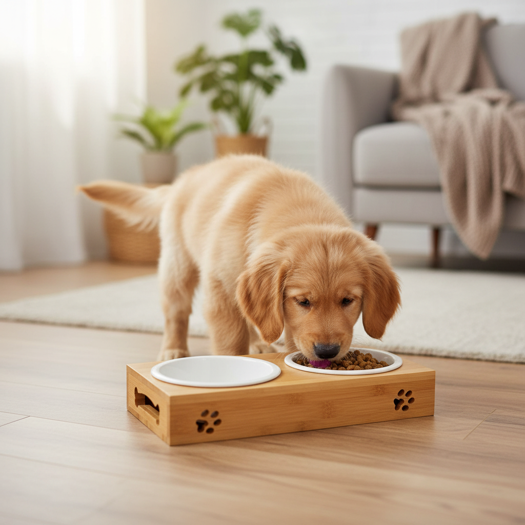 Petaurapets Bamboo and Ceramic Pet Bowl Set with Stainless Steel Base