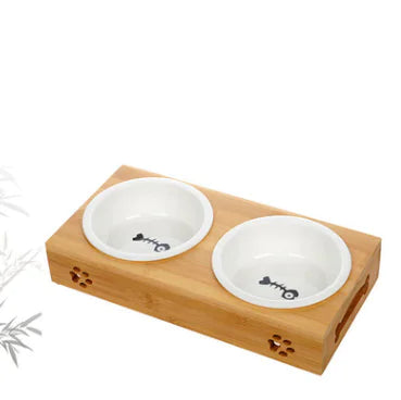 Petaurapets Bamboo and Ceramic Pet Bowl Set with Stainless Steel Base