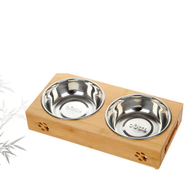 Petaurapets Bamboo and Ceramic Pet Bowl Set with Stainless Steel Base